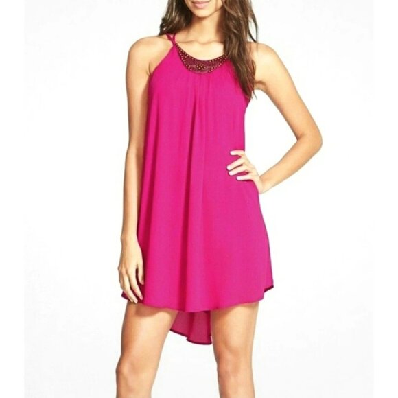 ASTR Embellished Shift Dress Pink Open Cut-Out Strappy Back Magenta Chiffon Mini - Picture 1 of 7